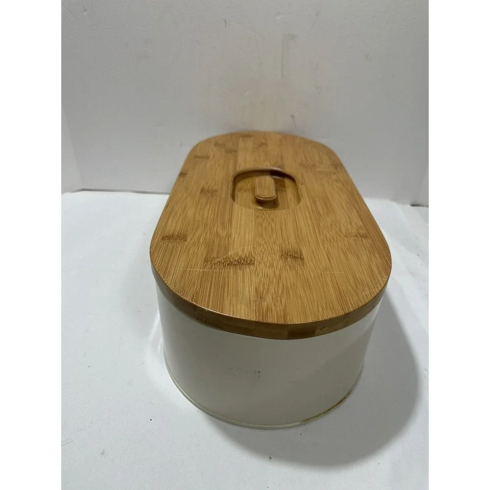 SveBake Bread Box Metal With Bamboo Top Cutting Board Lid Beautiful 